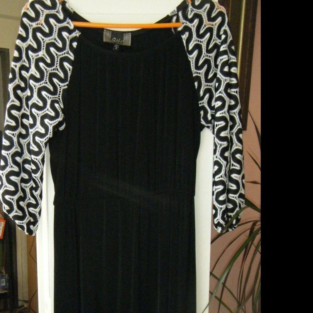 SLINKY BRAND BLACK DRESS WITH CROCHET SLEEVES/BRAND NEW/SIZE SMALL/FREE SHIPPING